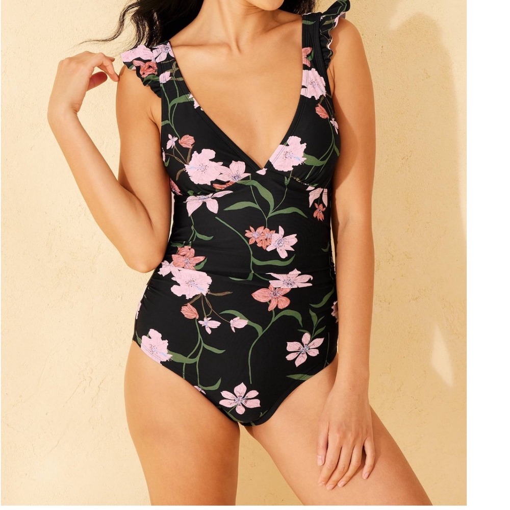 Shade & Shore Floral Print One Piece Swimsuit Ruffle Sleeve V Neck Bathing Suit